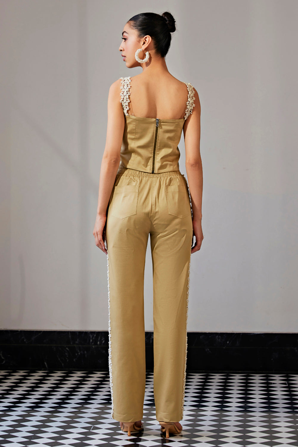 Beige Embroidered Top & Pants Set